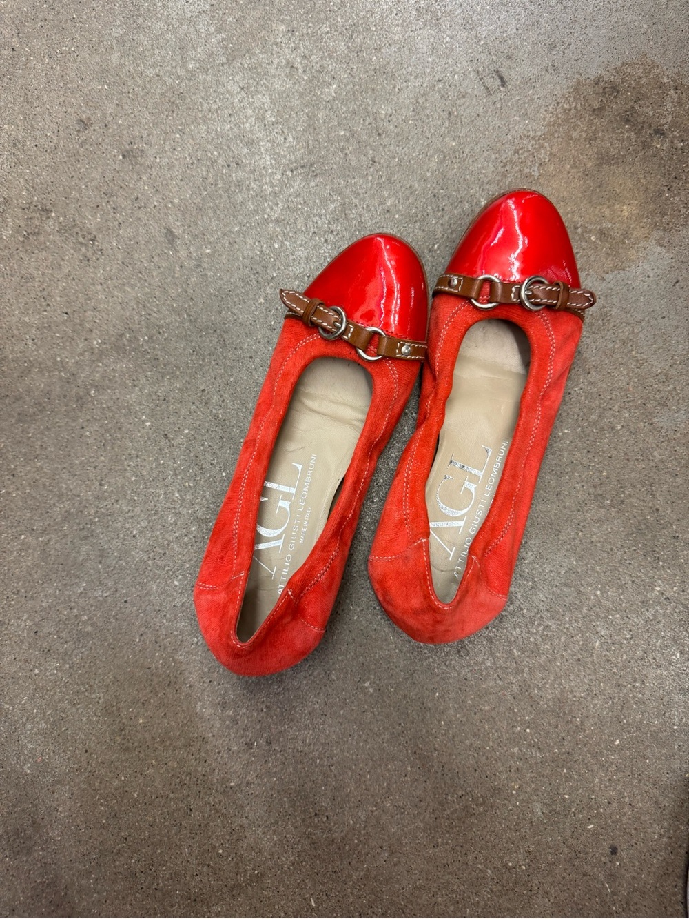 AGL Red Suede and Patent Leather Ballet Flats with Brown Buckle
